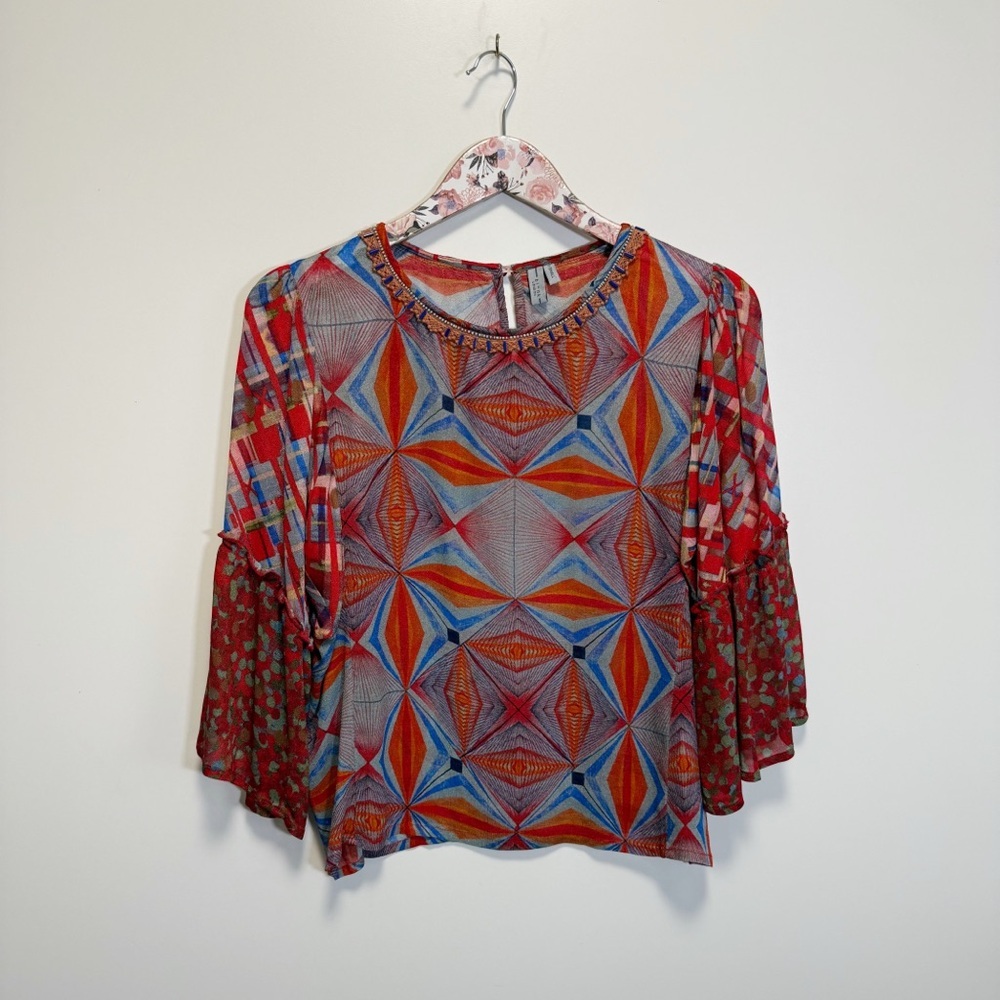 BL-NK LONDON Bell Sleeve Beaded Blouse Women’s XS Red Blue Orange Top Anthro